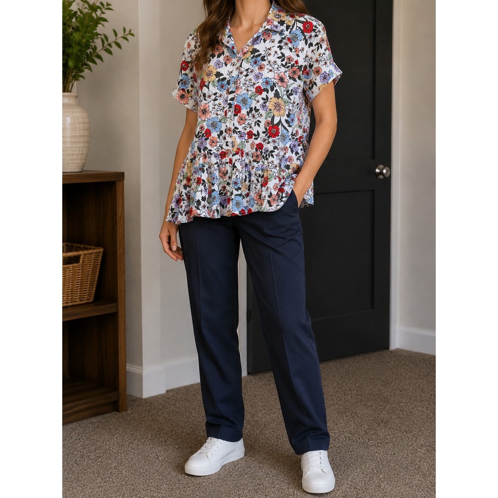 Ophelia Roe Floral Button Down Tunic Blouse High Low Peplum  Large